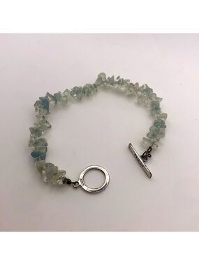 Vtg Sterling & Aquamarine Stone Beaded Bracelet w ‘ Family ‘ Toggle Clasp 7”
